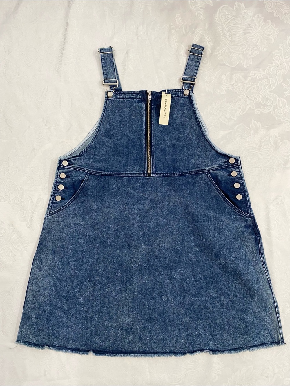 Plus Size Front Zipper Adjustable Strap Back Slit Distressed Denim overall Dress
